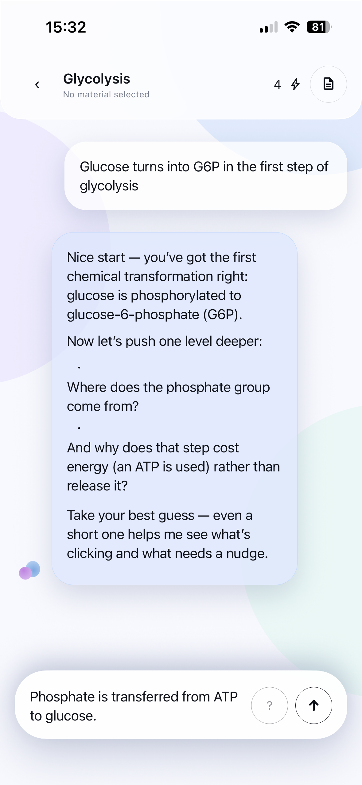 Blume tutor questioning a vague student explanation of glycolysis — Socratic pushback in chat