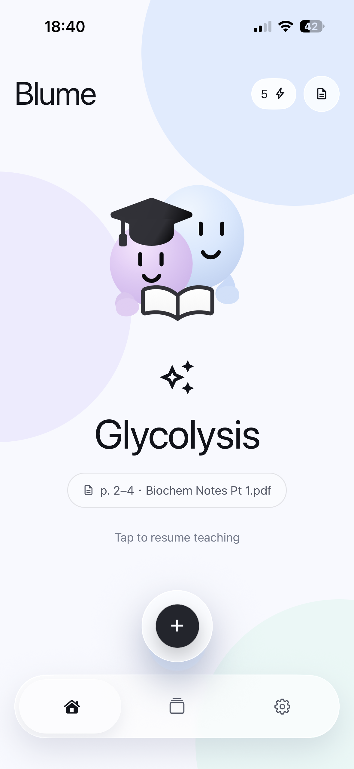 Study hub hero card showing Glycolysis session ready to resume