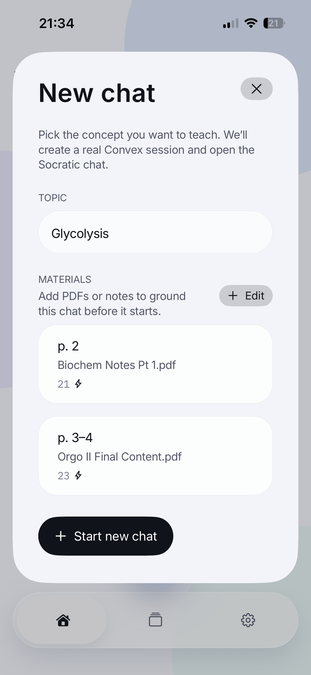 New chat modal with Glycolysis topic and Bio101_Lecture7.pdf pages 12–14 selected